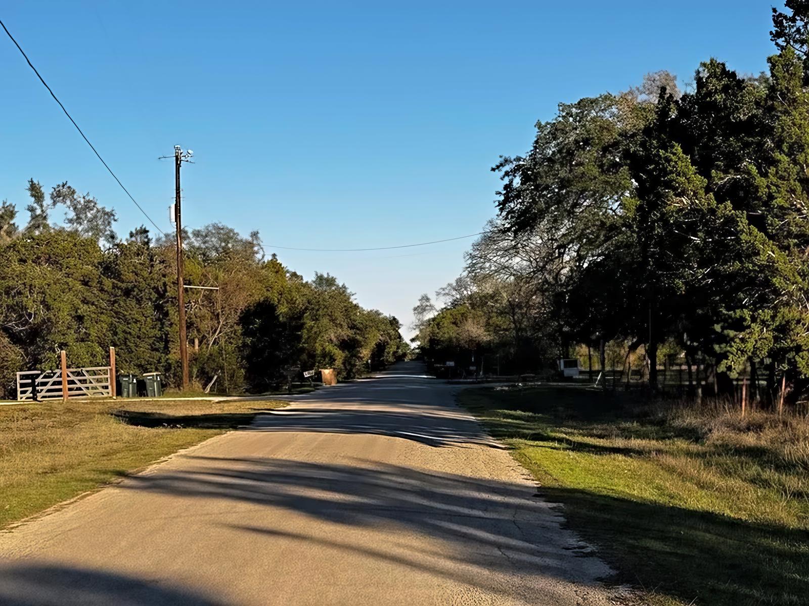 Paved county road lined with trees under a clear sky